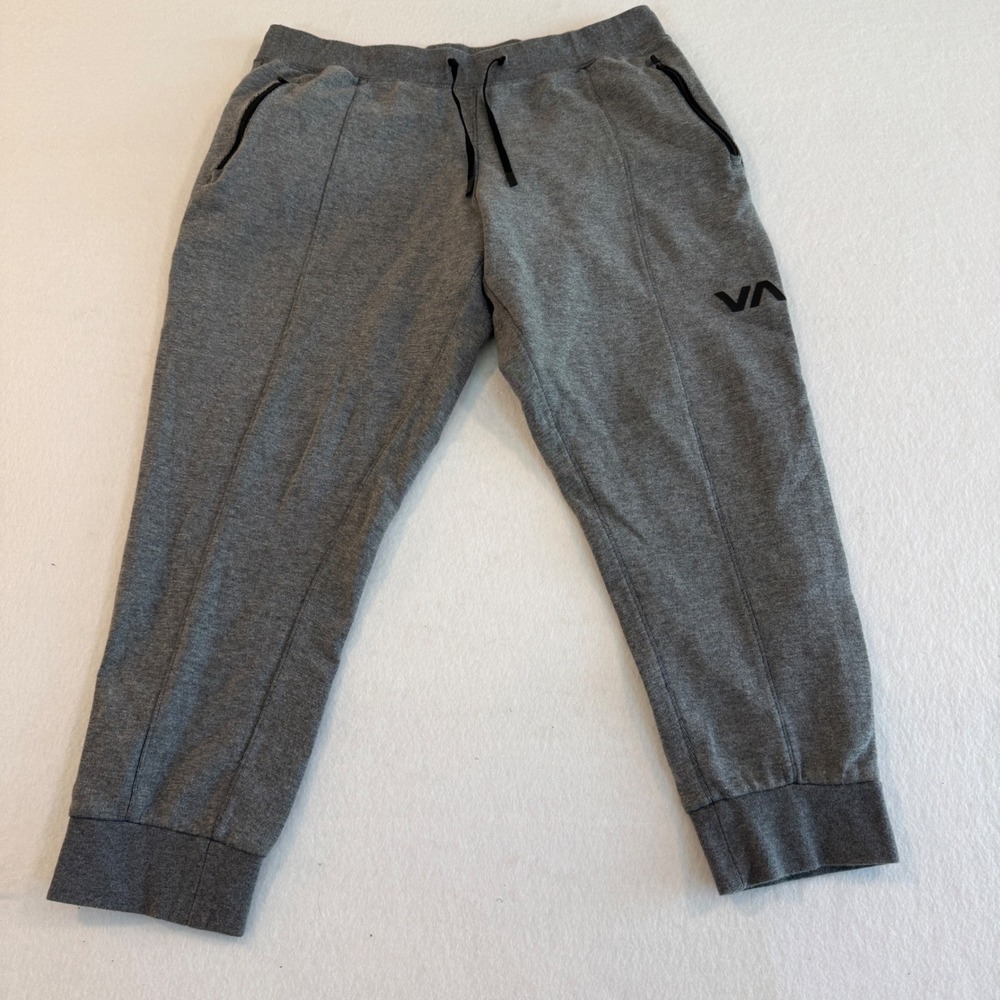 RVCA Jogger Sweatpants Men XL Heather Gray Zip Pockets VA Logo Tapered Pants